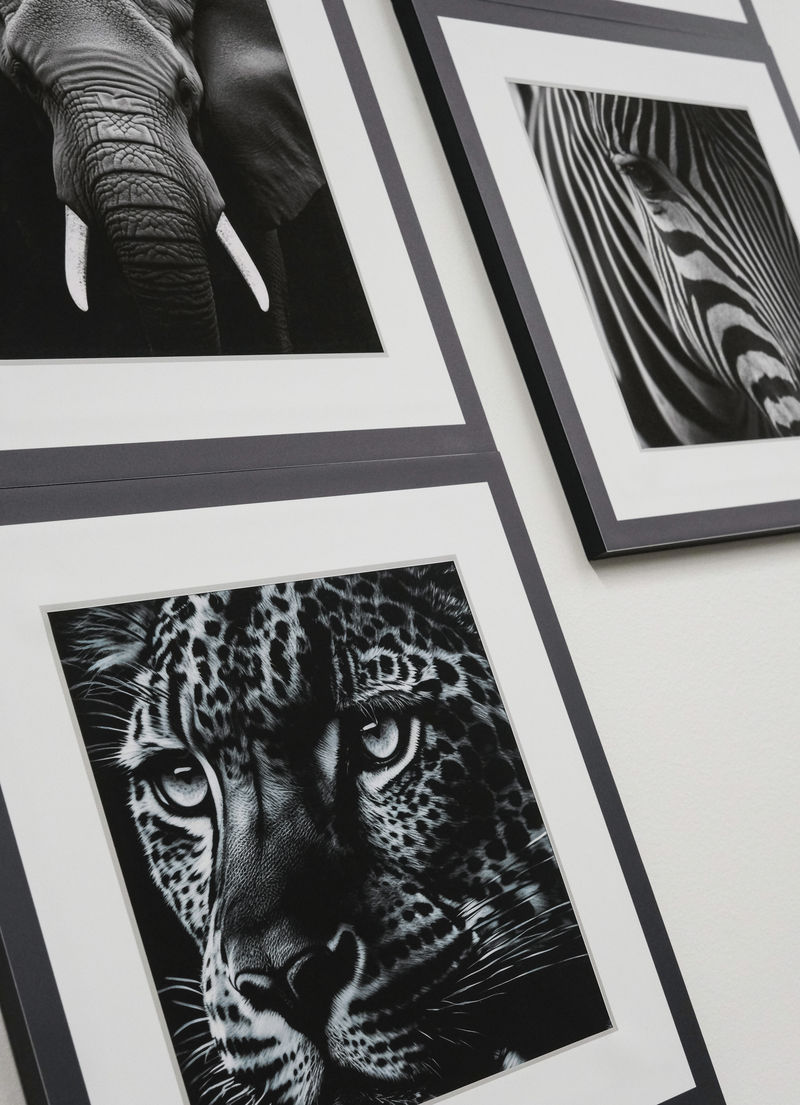 Three magnetic wall graphics custom printed with dramatic black and white animal images