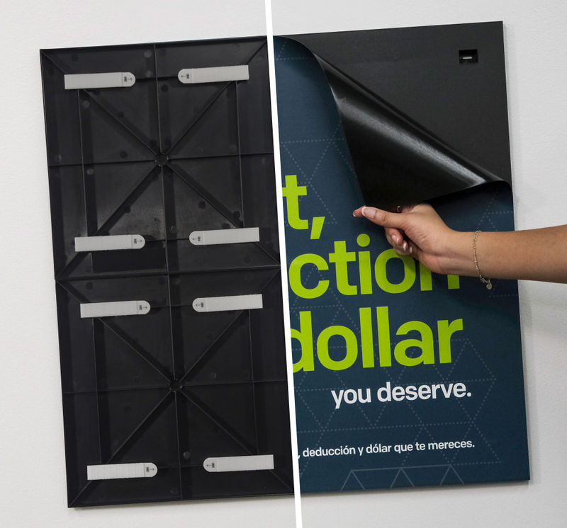 A split image of woman replacing a magnetic graphic promoting a credit union and the backside of the frame with command strips