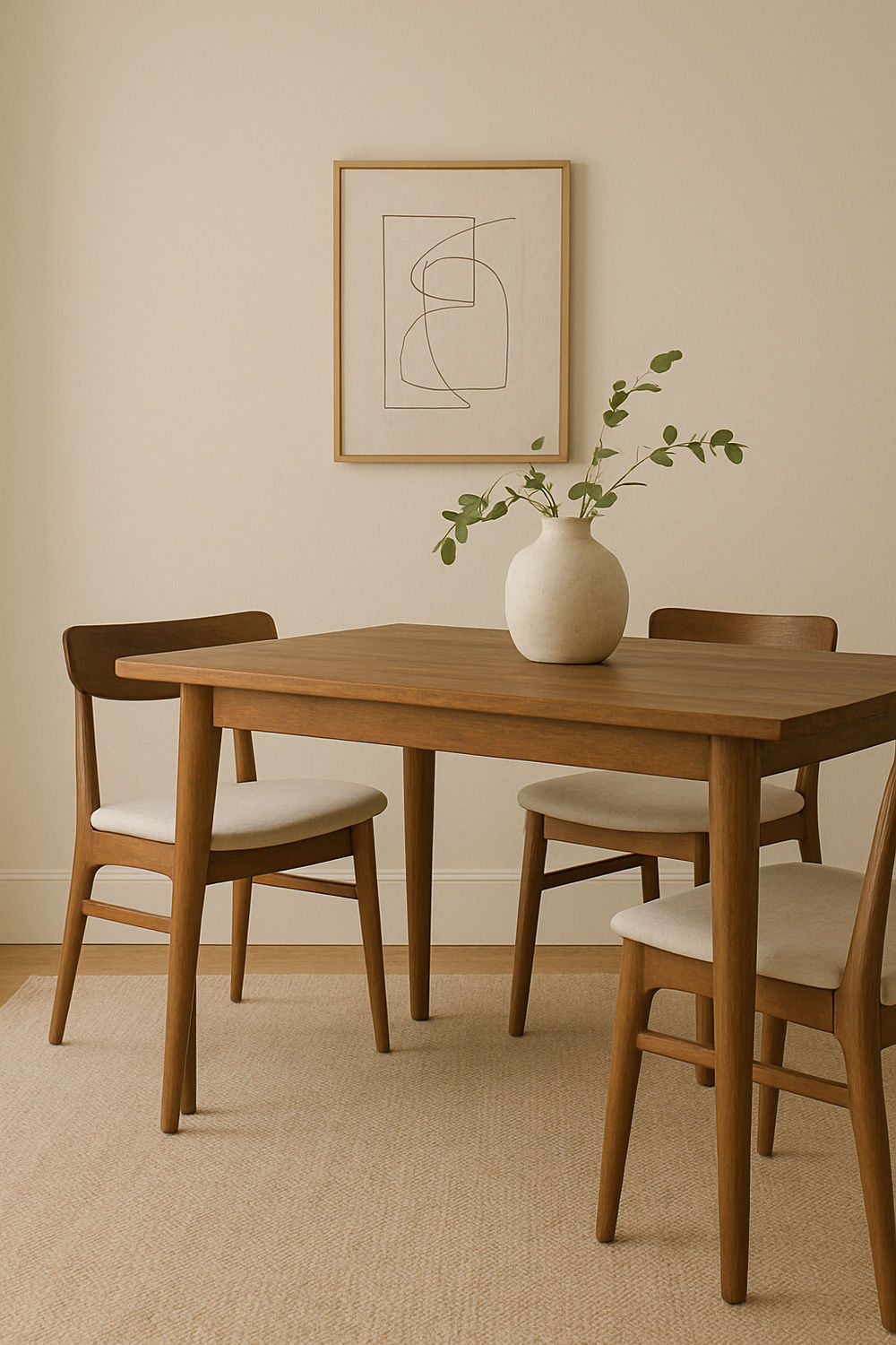 Minimal dining nook with mid-century chairs and a solid wood table