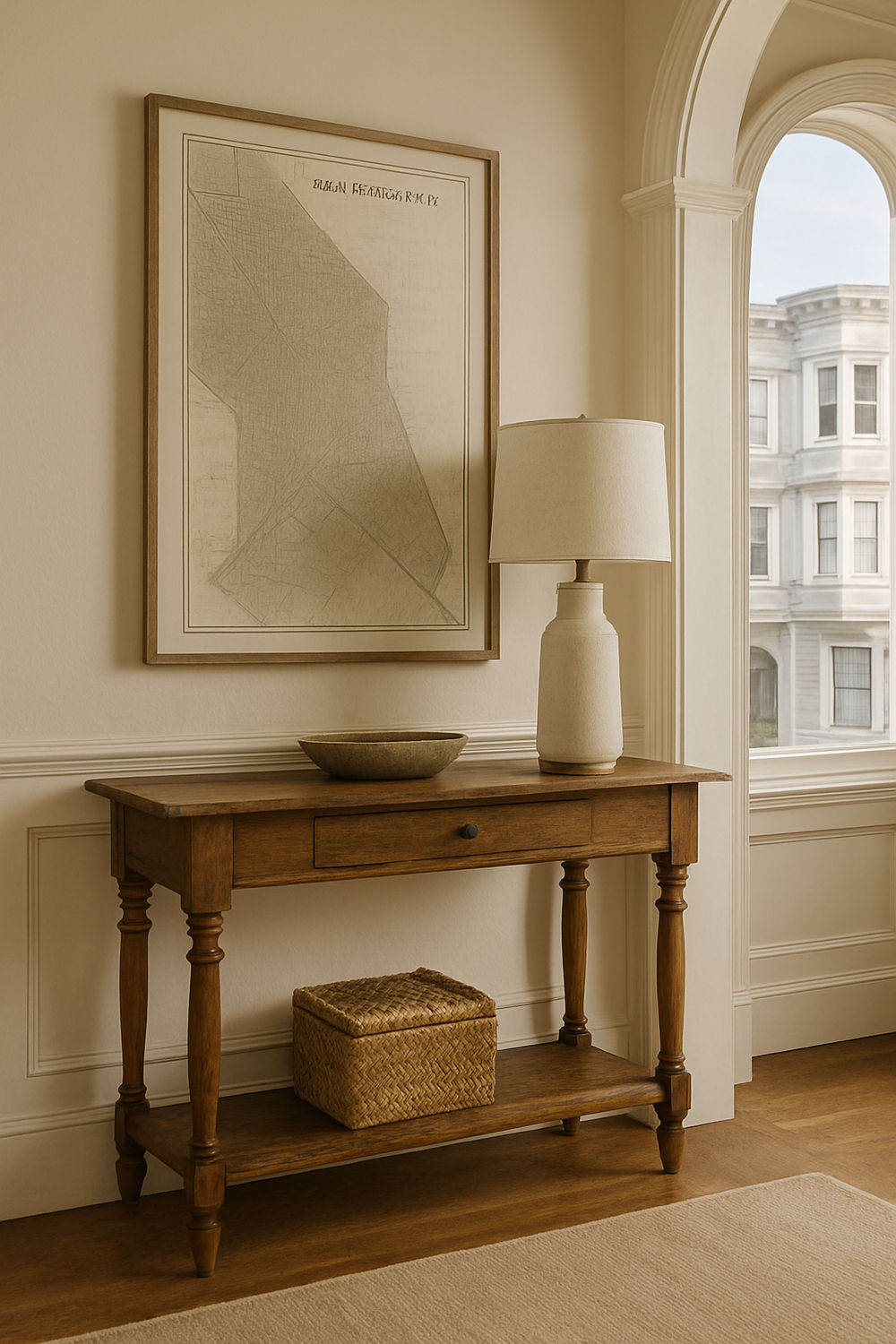 Entryway vignette with a vintage console and modern lamp in a San Francisco flat