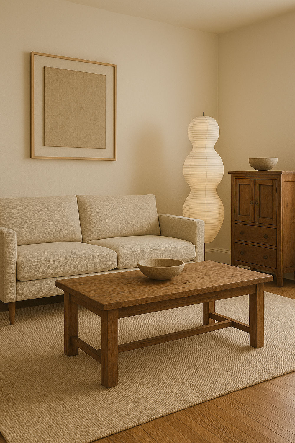 Warm minimalist living room with vintage wood, textured fabrics, and sculptural lighting