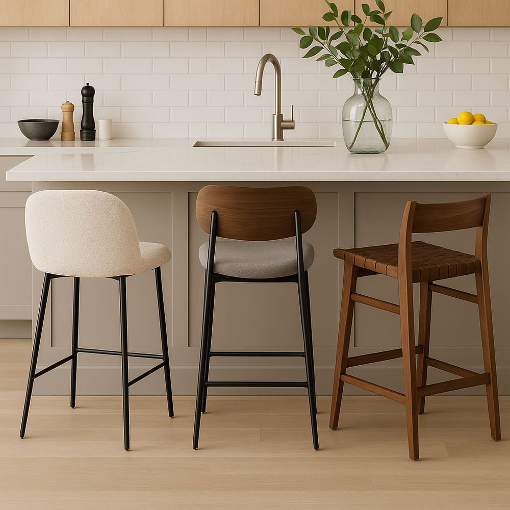 Kitchen island with mixed West Elm contract-grade stools