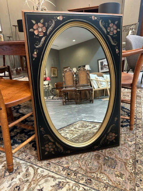 ETHAN ALLEN 花柄 ウォールミラー　壁掛け鏡　ヴィンテージ Ethan Allen Black & Gold with Painted Flowers Wall Mount Mirror