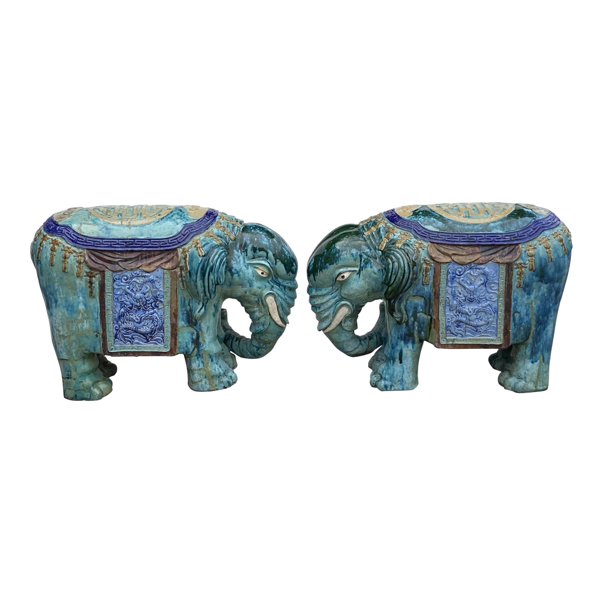 Pair Vintage Ceramic Handmade Chinese Turquoise Blue Elephant