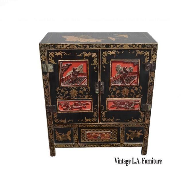 Vintage Oriental Asian Black & Red Hand Painted Lacquer Cabinet
