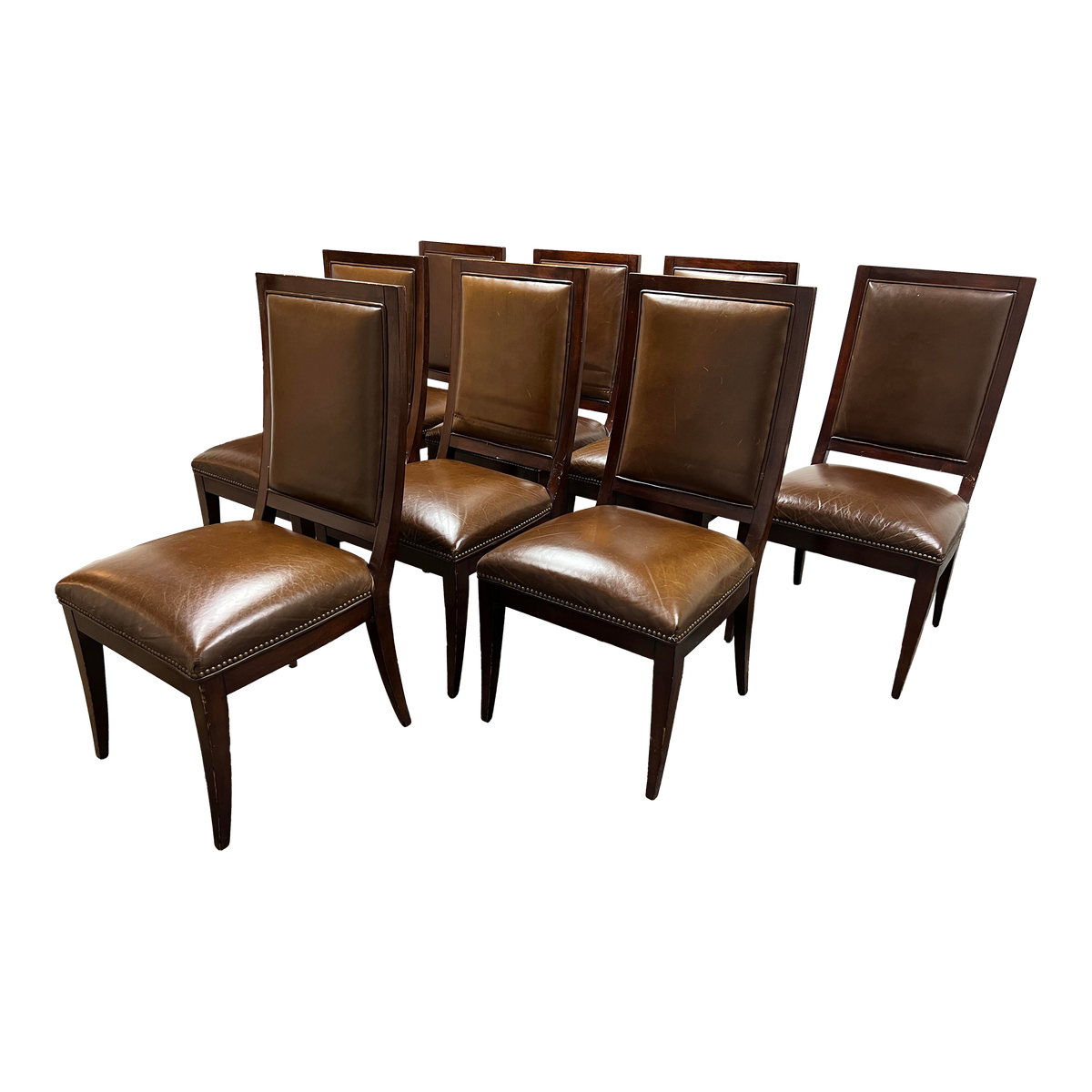Restoration Hardware Brown Leather Nailhead Trim Dining Chairs, Set of Eight