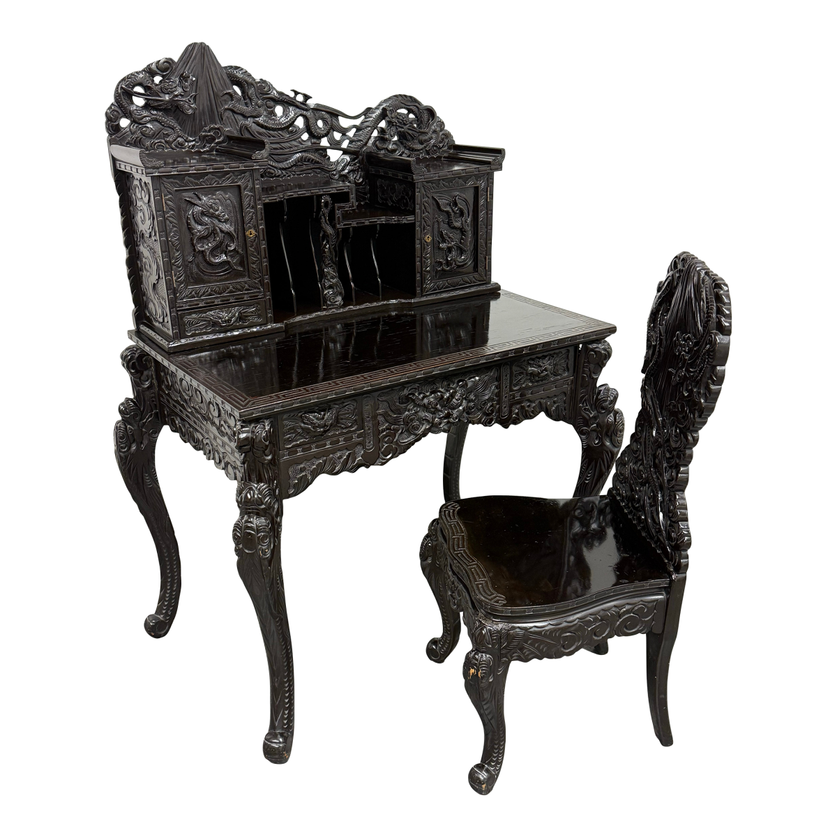 Vintage Japanese Hand Carved Dragon Carved Writing Desk + Chair