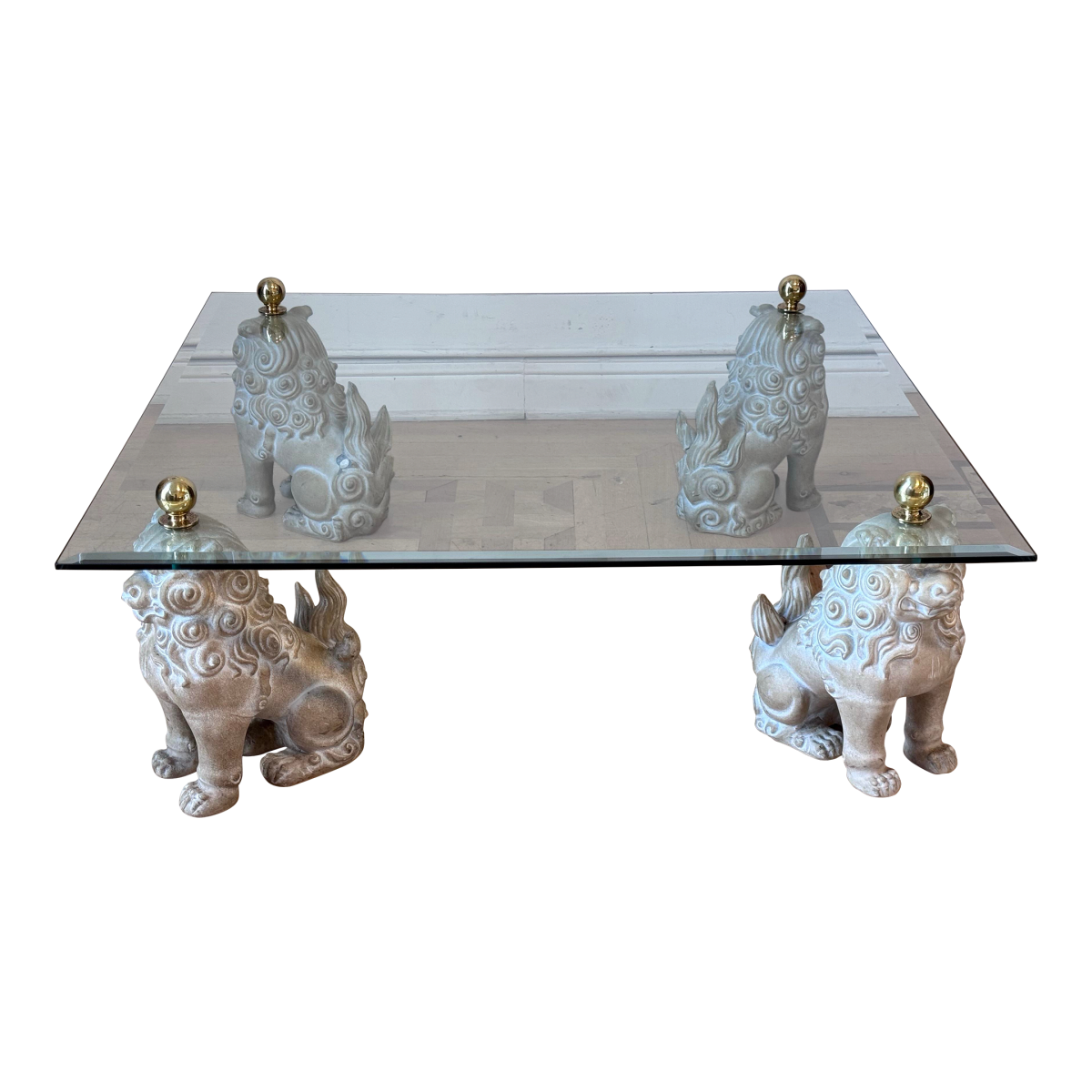 Circa 1980's Italian Lion Base + Glass Top Square Coffee Table
