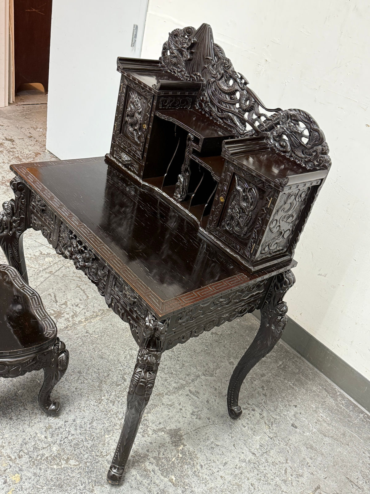 Vintage Japanese Hand Carved Dragon Carved Writing Desk + Chair