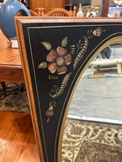ETHAN ALLEN 花柄 ウォールミラー　壁掛け鏡　ヴィンテージ Ethan Allen Black & Gold with Painted Flowers Wall Mount Mirror