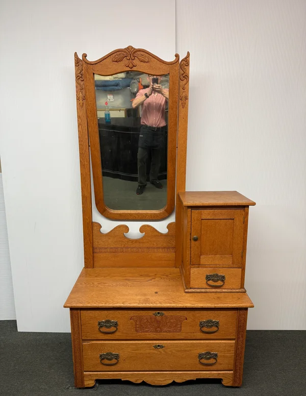 Vintage Victorian Style Oak Hat Box Dresser + Mirror - $399