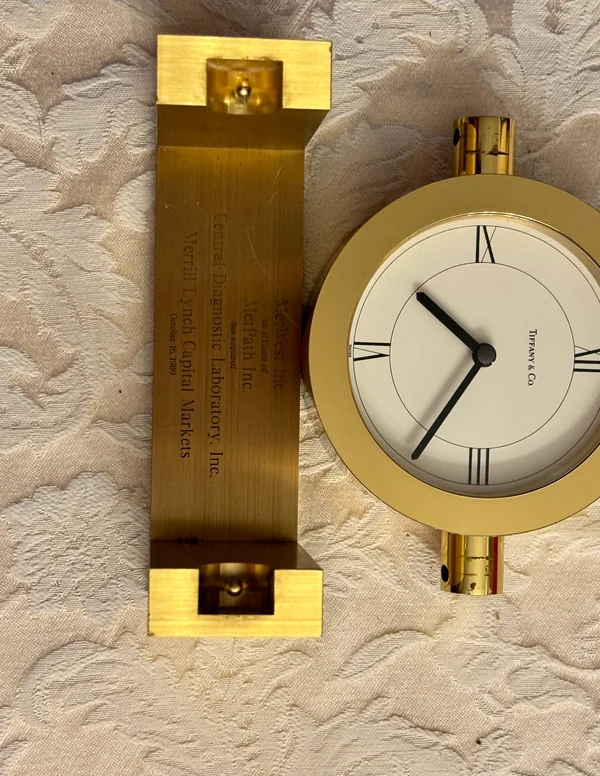 Vintage Brushed Brass Tiffany & Co. Swing Desk Clock With