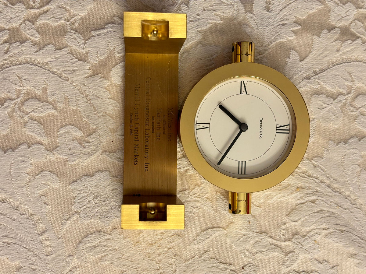 Vintage Brushed Brass Tiffany & Co. Swing Desk Clock With