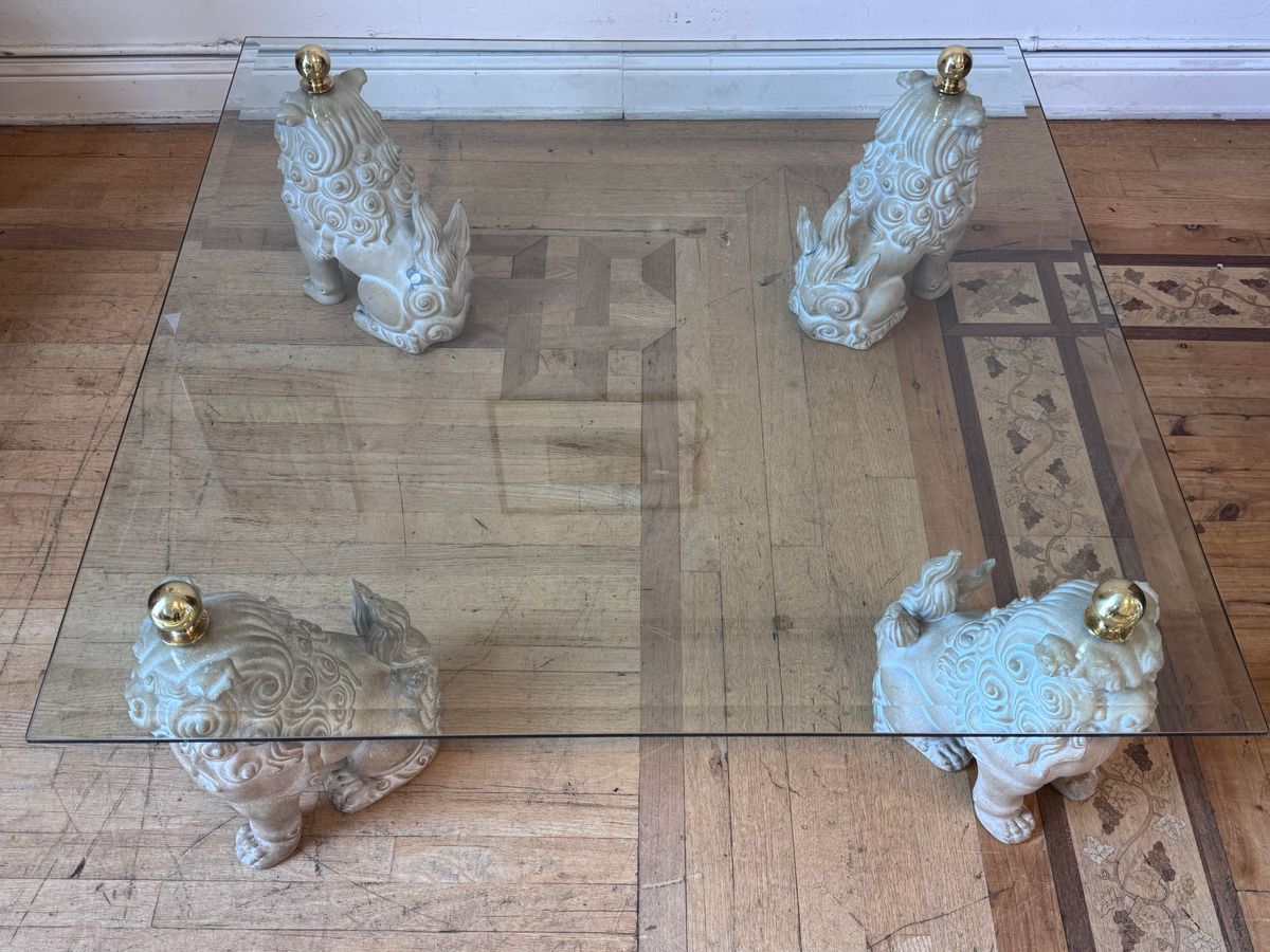 アンティークlion Glass Top Coffee Table Composite Vintage Painted Lion Sculpture Coffee Table, AGG