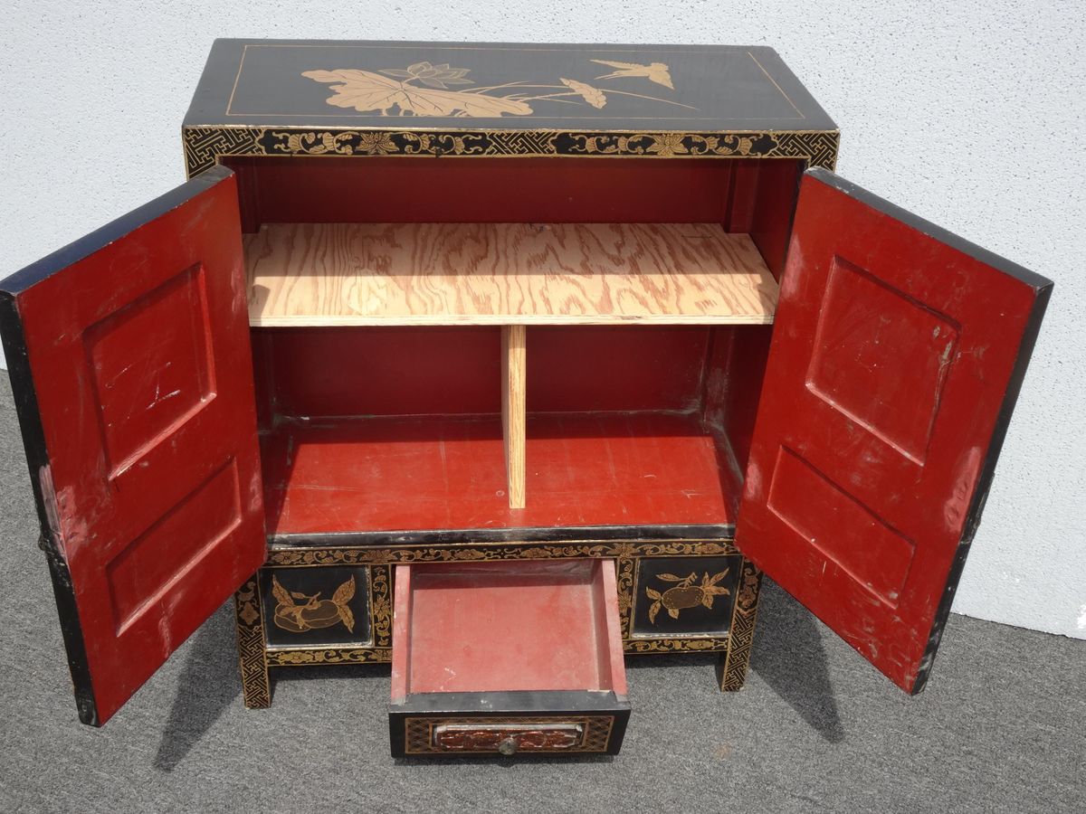 Vintage Oriental Asian Black & Red Hand Painted Lacquer Cabinet