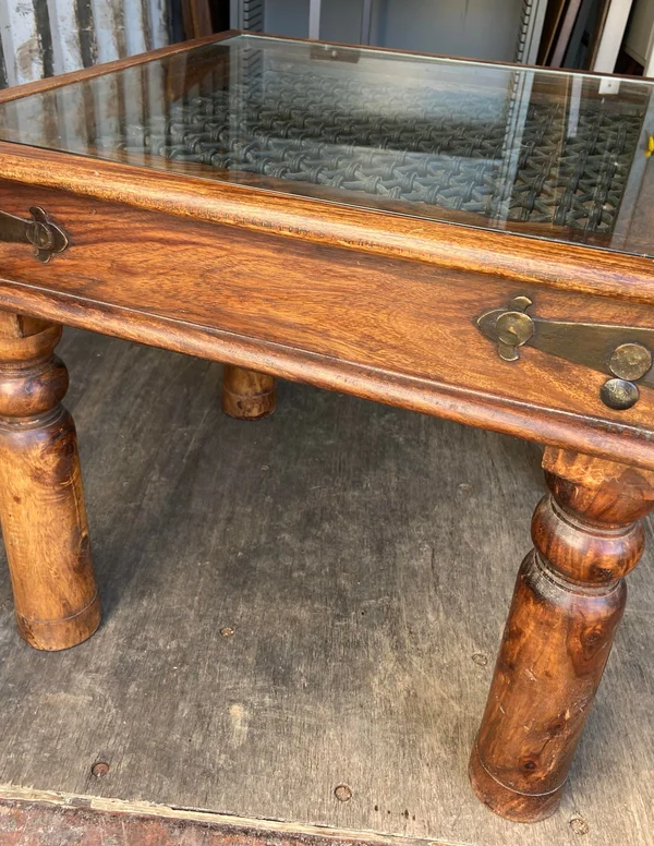 1980s Vintage Indian Inspired Rustic Glass End Side Table - $399