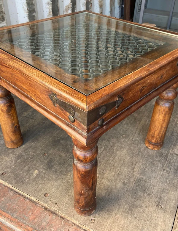 1980s Vintage Indian Inspired Rustic Glass End Side Table - $399