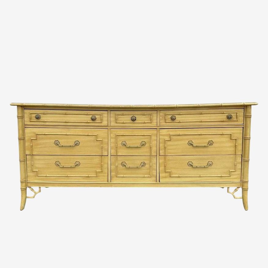 Vintage Faux Bamboo Dresser by Thomasville Allegro - 1970s Yellow & White Hollywood Regency Coastal Boho Chinoiserie 9 Drawer Credenza - image 0