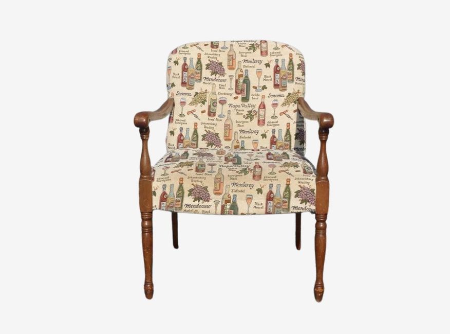 Vintage Accent Arm Chair French Country w/ Wine Bottles & Wine Glasses Fabric - image 0