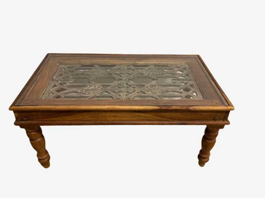 Wood and Antique Iron Inlay Glass Top Coffee Table - image 0
