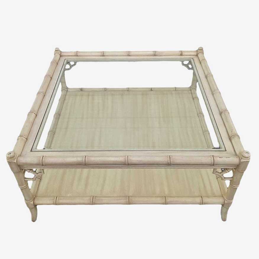 SOLD Faux Bamboo Coffee Table by Thomasville Allegro - Vintage Square Glass Top Chinoiserie Fretwork Hollywood Regency Coastal Furniture - image 0