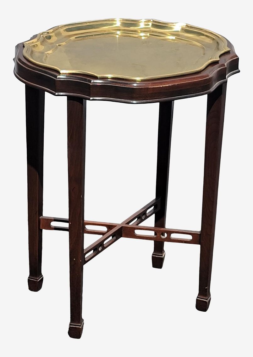 Vintage French Country Ethan Allen Brown Side Table End Table W Metal Tray - image 0