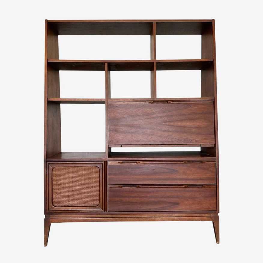 Mid Century Modern Room Divider Bookshelf - Vintage MCM Walnut Wood Wall Unit with Display Shelves, Storage Drawers & Cabinet - image 0
