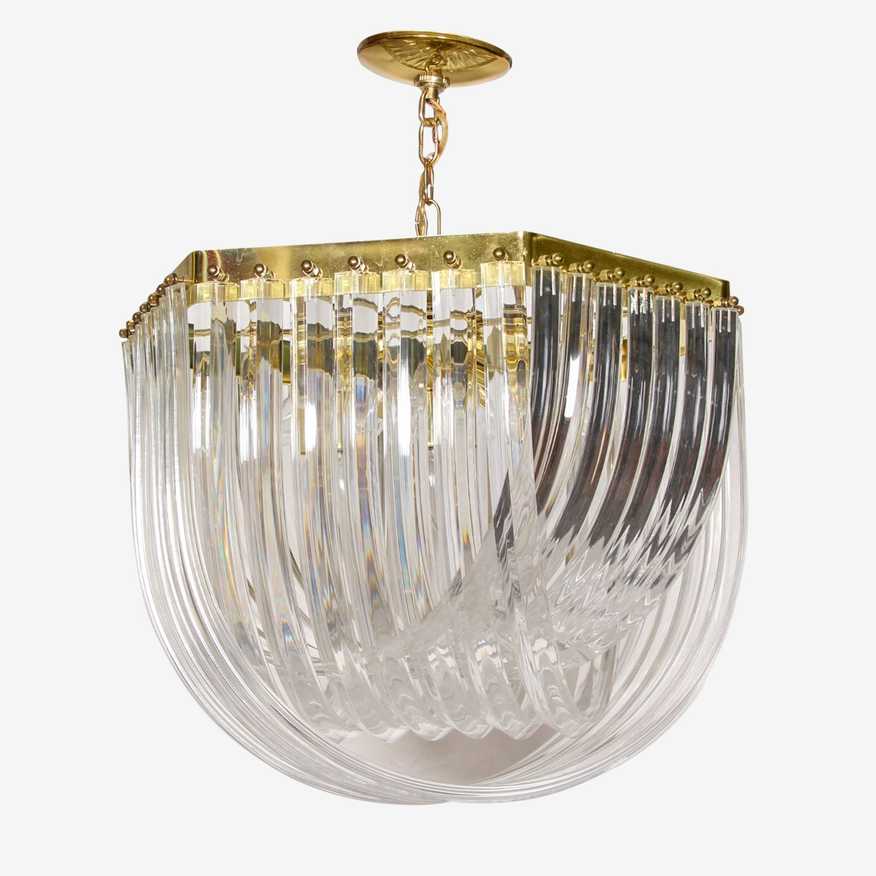 Vintage Hollywood Regency Brass Gold Lucite Ribbon Loop Carlo Nason Style Chandelier - image 0