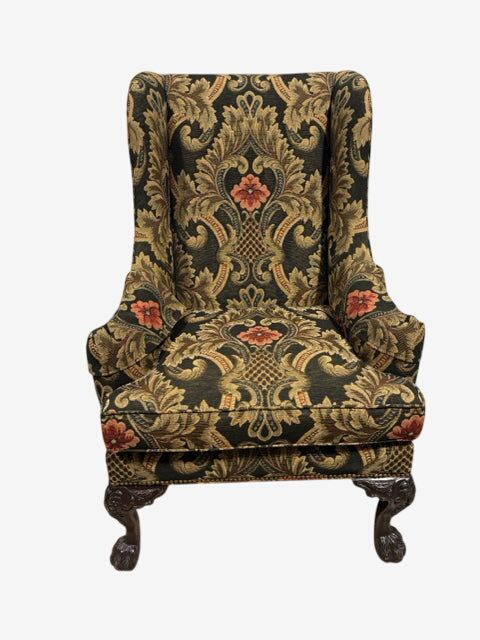 Henredon Green And Gold Floral Wingback Chair | Kashew