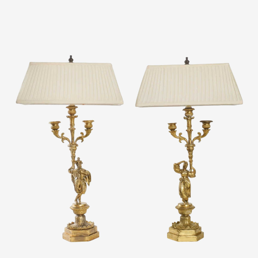 Antique French Empire Gilt and Patinated Bronze Candelabra Table Lamps, Pair of - image 0