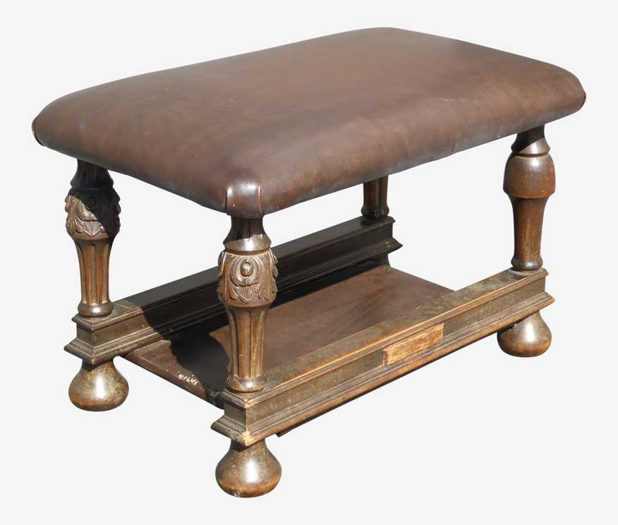 Antique Victorian Style Brown Leather Carved Wood Bench Foot