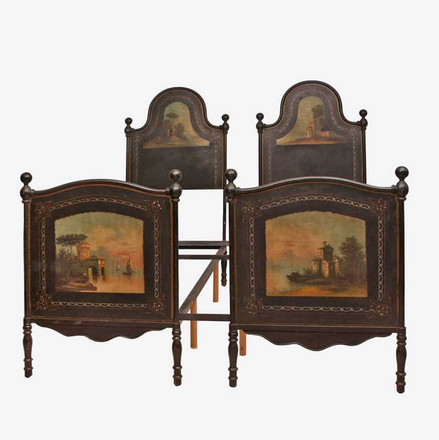 Antique French King Size Bed Napoleon III Hand Painted Tole Iron Epoque Mother of Pearl - image 0