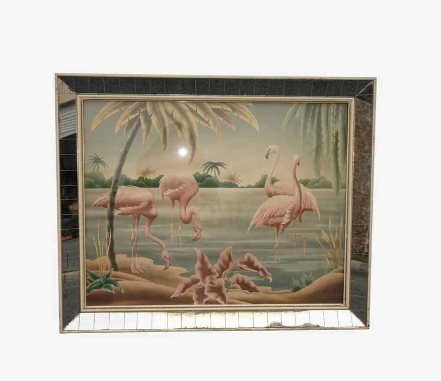 Vintage Mid Century Flamingo Lithograph Picture Print by Turner in Mirror Frame - image 0