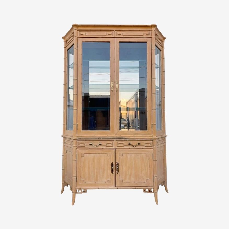 SOLD Vintage Chinoiserie China Cabinet by Century with Faux Bamboo, Greek Key, Mirror & Fretwork - Hollywood Regency Lighted Curio Hutch - image 0