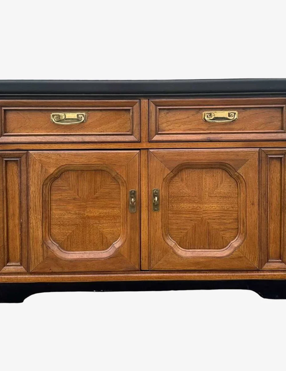 Vintage Chinoiserie Buffet Server by Thomasville with Two Tone Black, Wood & Gold Brass - Asian Accent Table Sideboard Nightstand Cabinet - image 0