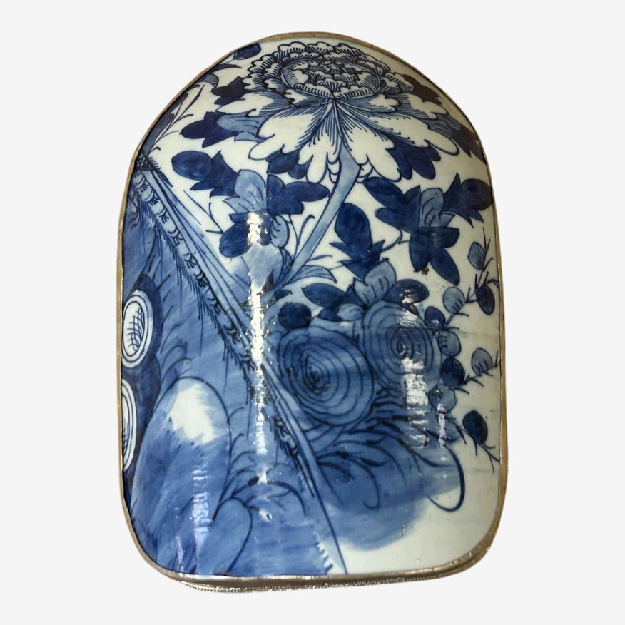Chinese Old White Base Blue Large Flower Porcelain Art Pewter Box - image 0