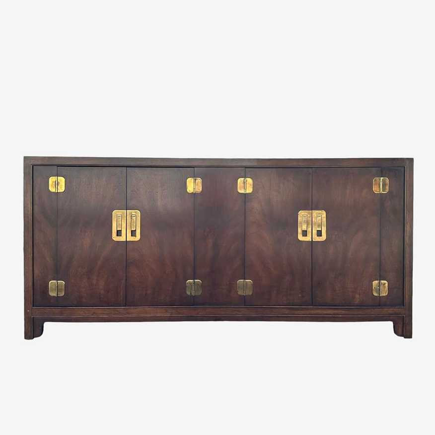 Chinoiserie Sideboard by Drexel Heritage Dynasty 68" Long - Vintage Wood & Brass MCM Campaign Oriental Asian Console Buffet Cabinet Credenza - image 0