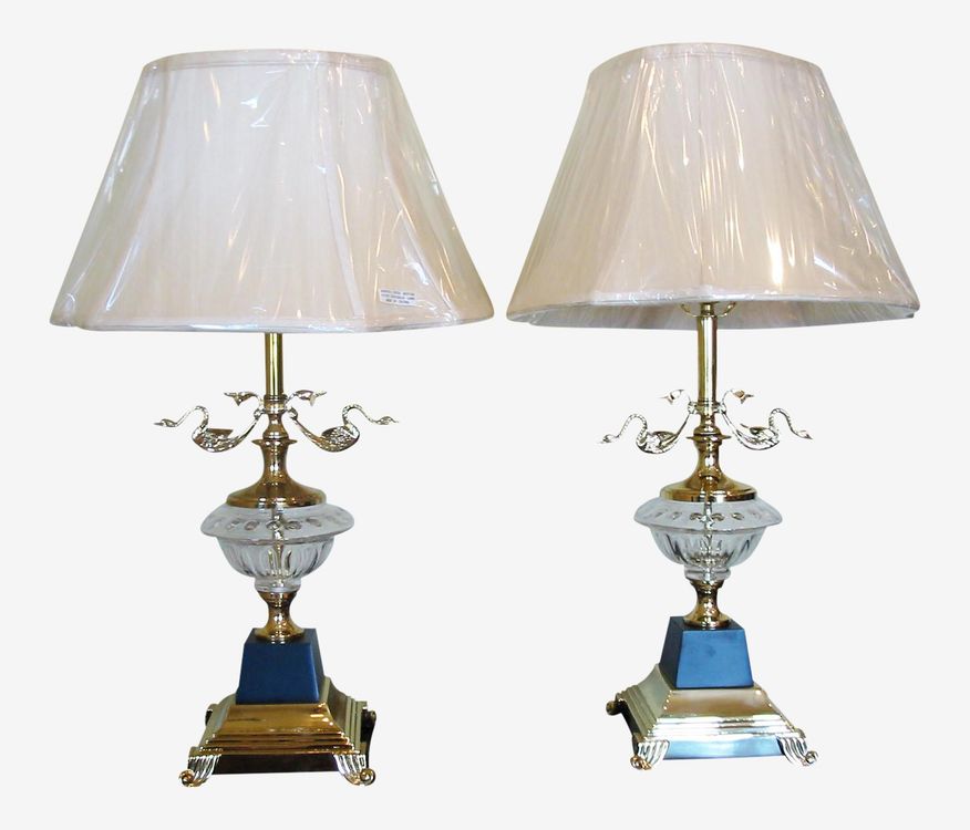 Two Modern Brass & Glass Table Lamps W White Shades - a Pair - image 0