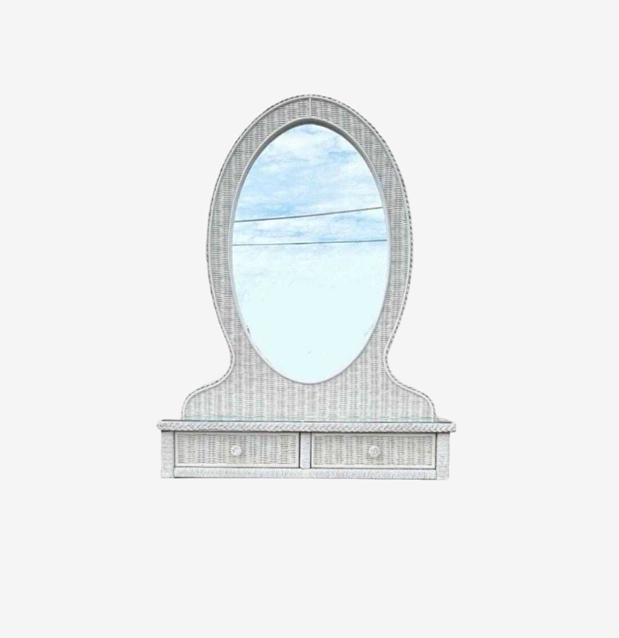 Oval Vanity Mirror by Henry Link Wicker 47x35 - Vintage White Table Top Dresser Mirror with 2 Drawers Natural Rattan Coastal Boho Chic Style - image 0