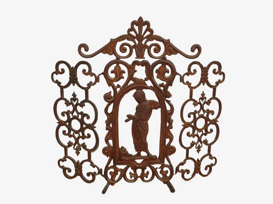 Vintage Ornate Cast Iron Fireplace Screen w 3 Panels and Woman Figure Motif - image 0