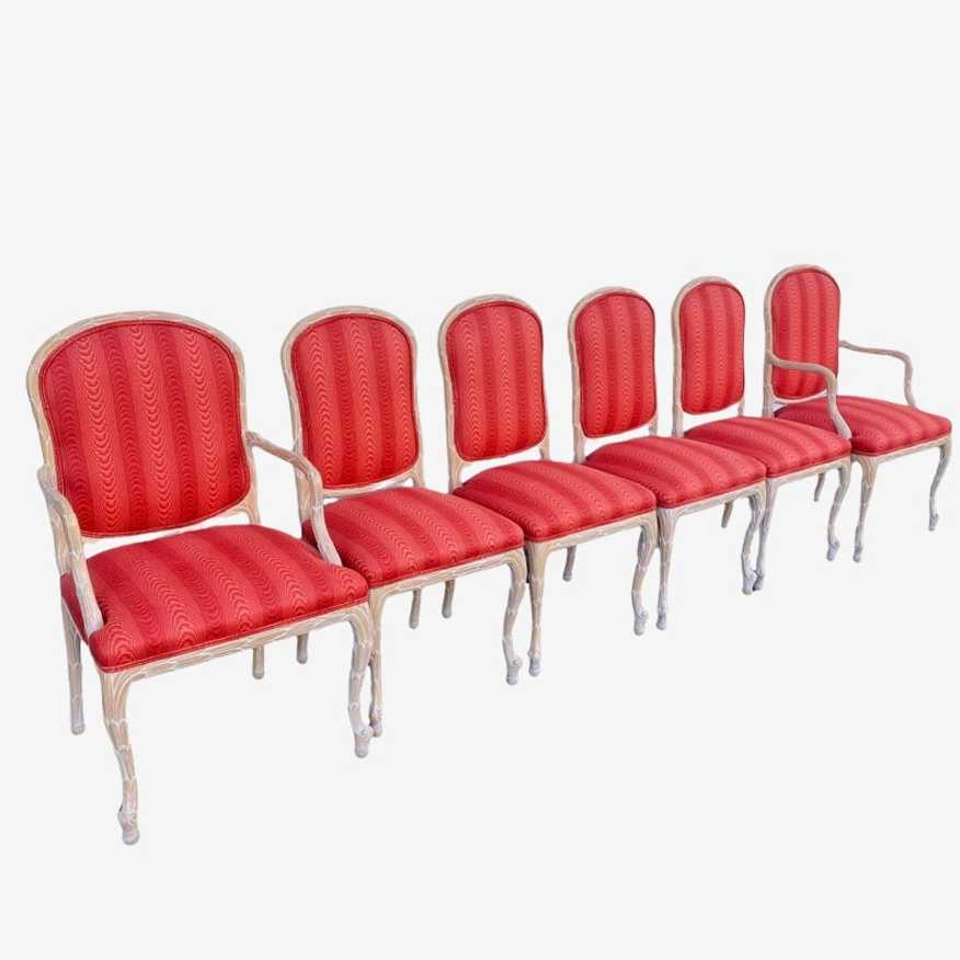 Regency Faux Bois Dining Chairs - Set of 6 Vintage Carved Twig Style in White Washed Wood and Orange Upholstered Fabric 4 Side & 2 Armchairs - image 0
