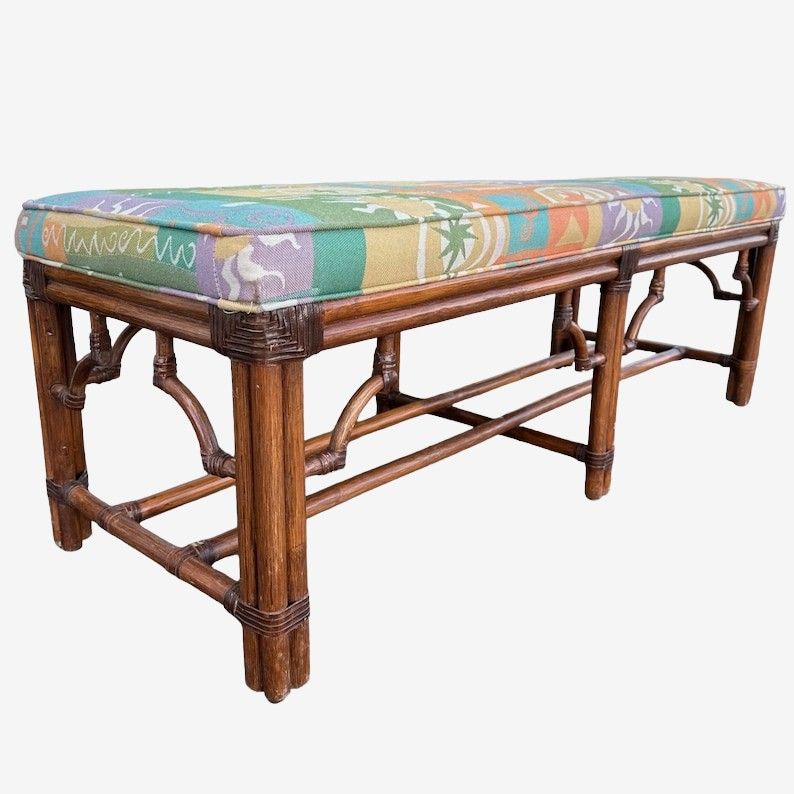 Rattan Wood Bench 55x19x19 with Fabric Upholstered Seat, Bamboo ...