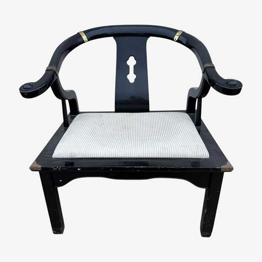 Ming Horseshoe Back Chair Project - Vintage Century Furniture Black Armchair with Brass Accents & Upholstered Seat - Chinoiserie Asian Style - image 0