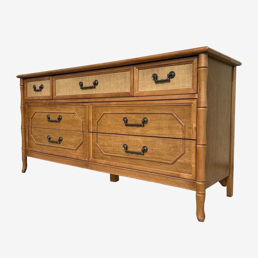 Faux Bamboo Dresser with 7 Drawers by Broyhill 60" Long Vintage Brown