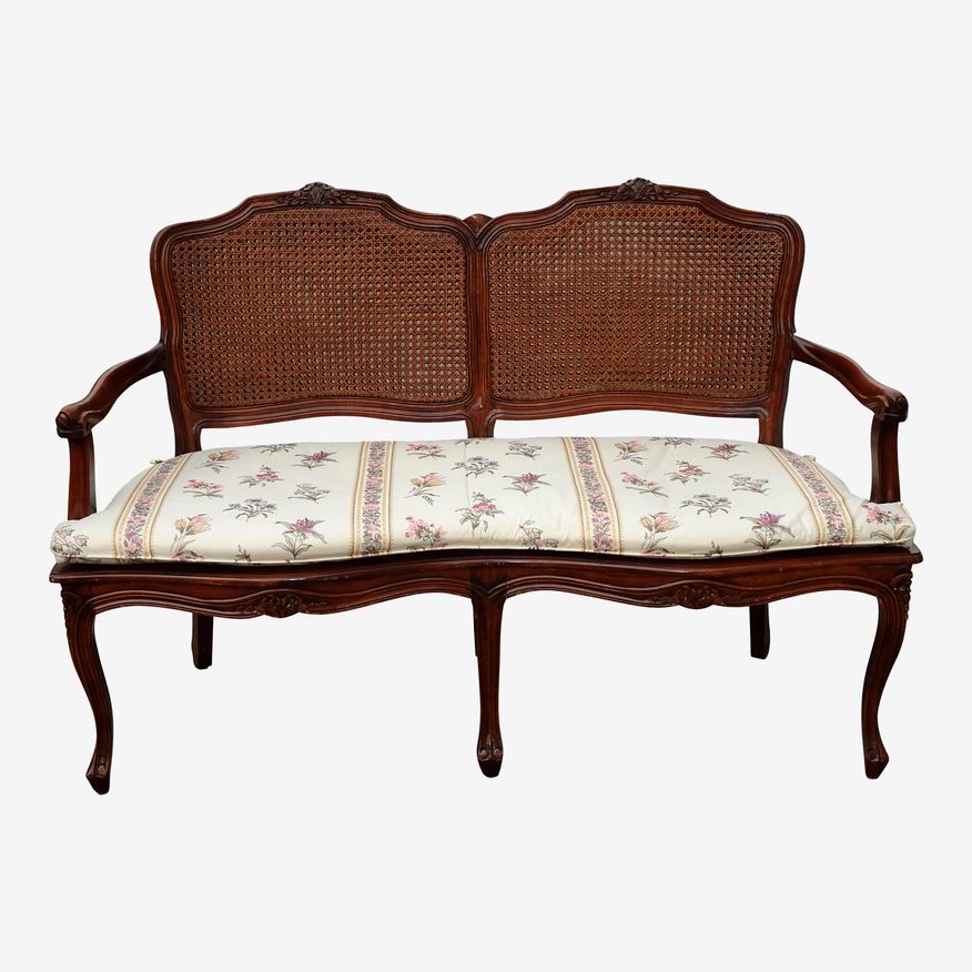 Vintage French Country Petite Cane Two Seater Settee Loveseat W Cushion - image 0