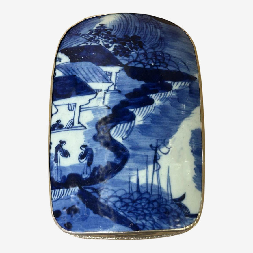 Chinese Old White Base Blue Flower Village Scenery Porcelain Art Pewter Box - image 0