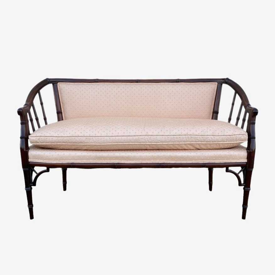 Hollywood Regency Sofa 50" With Faux Bamboo, Fretwork, Spindles and Soft Peach Pink Upholstered Fabric - Vintage Loveseat Settee Bench - image 0