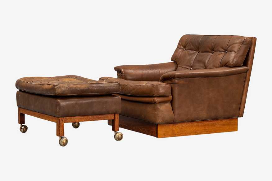 Arne Norell Saturn Lounge Chair + Ottoman In Brown Leather - Kashew