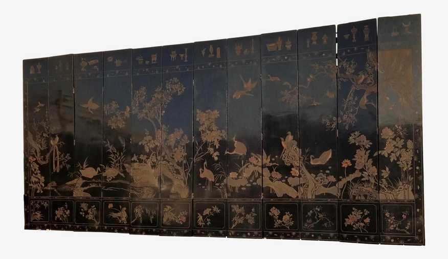 20th Century Asian Chinese Chinoiserie Black Coromandel 12 Panel Screen Oriental Asian - image 0