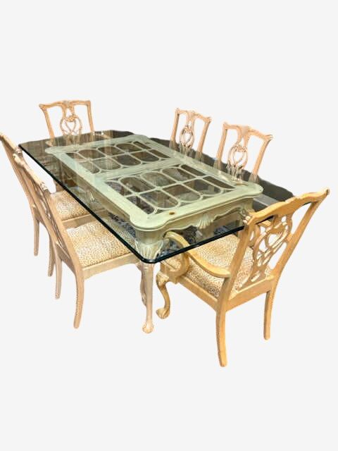 Link Taylor Bleached Pine Dining Table with Glass Top & 6 Custom